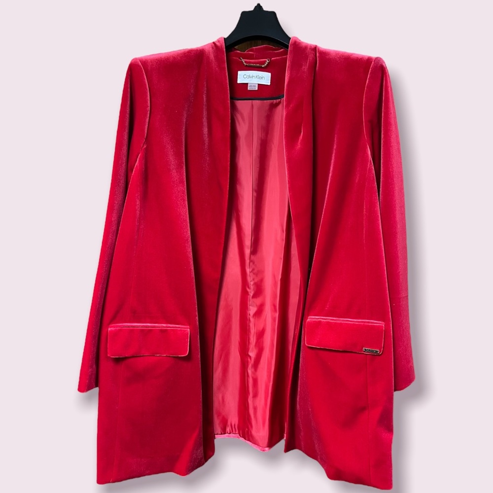 Calvin Klein Women’s Red Velvet Open Front Long Blazer